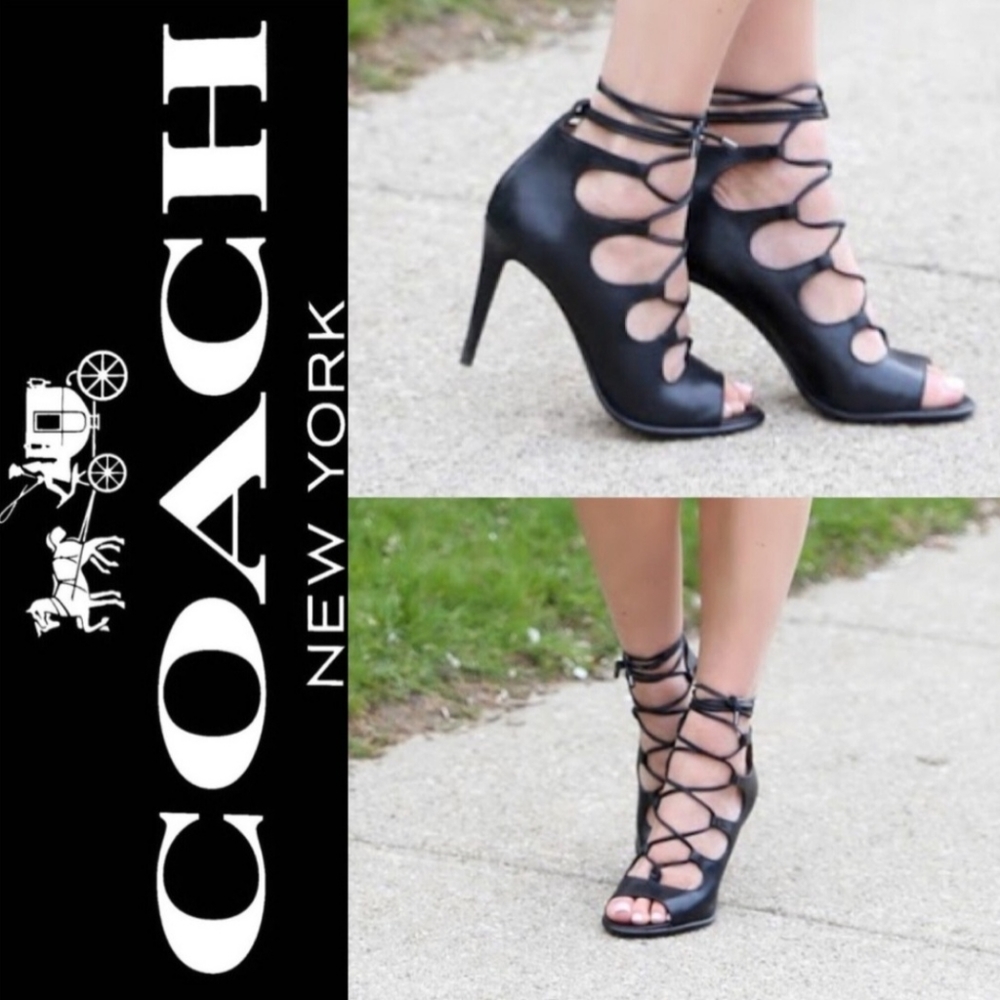 COACH Kira Lace-Up Black Leather Heels - Picture 4 of 14